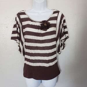BCX Medium Brown & Beige Striped Top Batwing Y2K Made in USA
